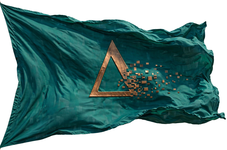 Delta Tribe tribal flag — a bronze delta glitching into pixels (the simulation is showing)